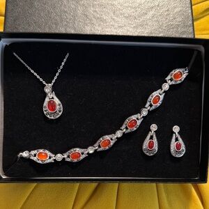 Elegant Silver and Red Jewelry Set